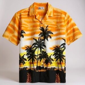 Aloha Republic Hawaiian Shirt Men's L Button Up Yellow Sunset Beach Trees